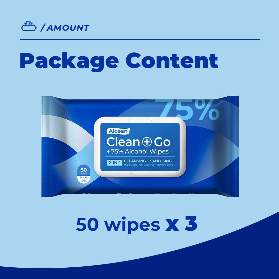 Alcean 75% Classic Alcohol Wipe - 50 Wipes (3 Packs / 9 Packs)