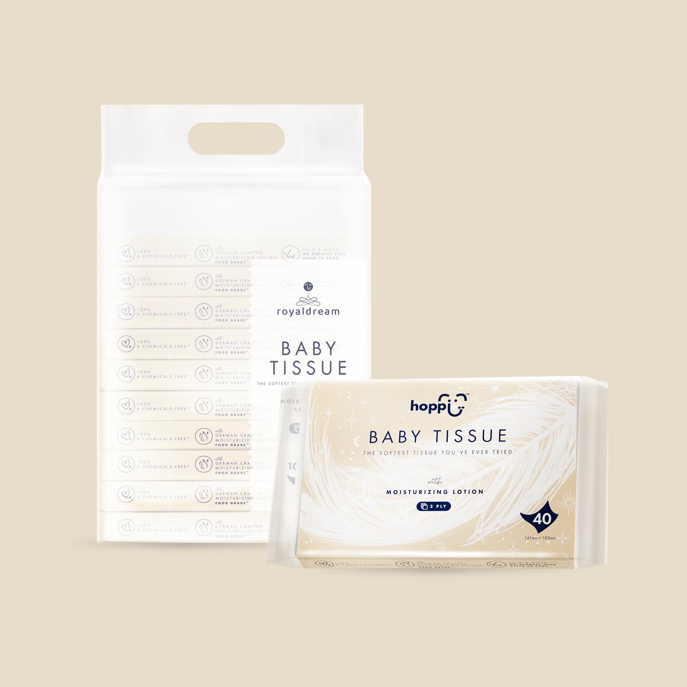 Hoppi RoyalDream Baby Tissue (40 Wipes x 10 Packs)