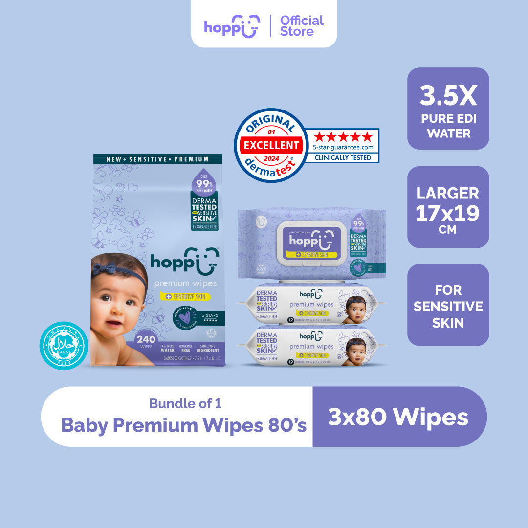Hoppi Premium Wipes [German Dermatologically Tested] with Halal Certified (80 Wipes x 3 Packs)