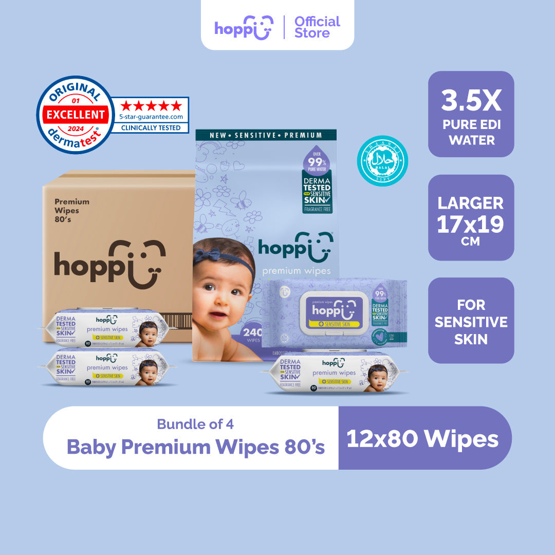 [Carton] Hoppi Premium Wipes [German Dermatologically Tested] with Halal Certified (80 Wipes x 12 Packs)