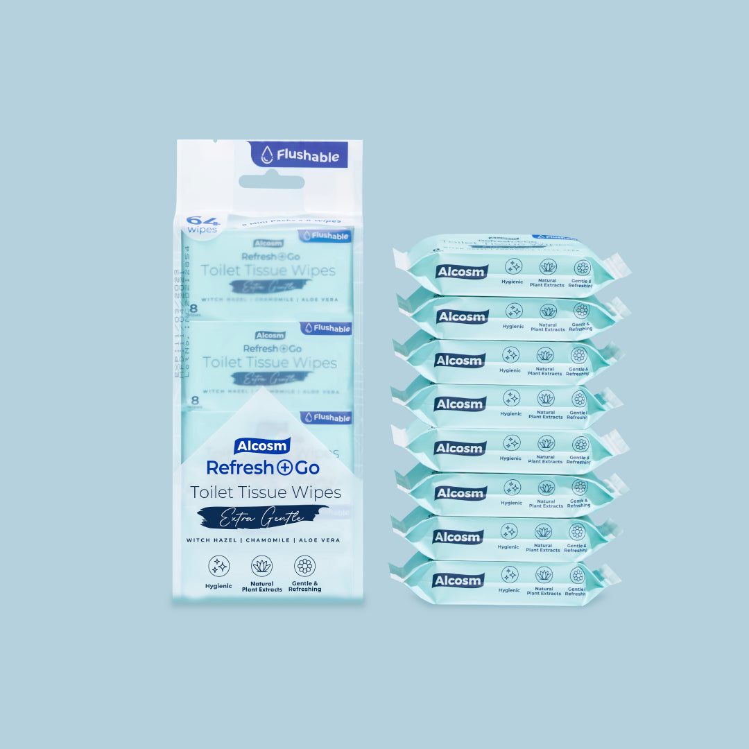 Alcean Flushable Toilet Wipes with Natural Plant Extract (8 Wipes x 16 Packs)