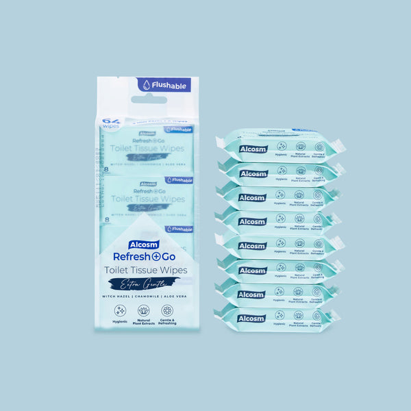 Alcean Flushable Toilet Wipes with Natural Plant Extract (8 Wipes x 16 Packs)