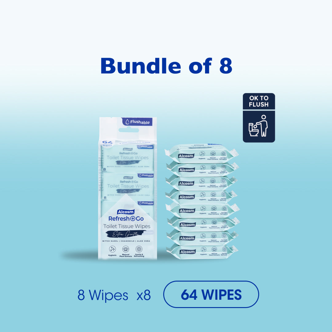 Alcean Flushable Toilet Wipes with Natural Plant Extract (8 Wipes x 16 Packs)