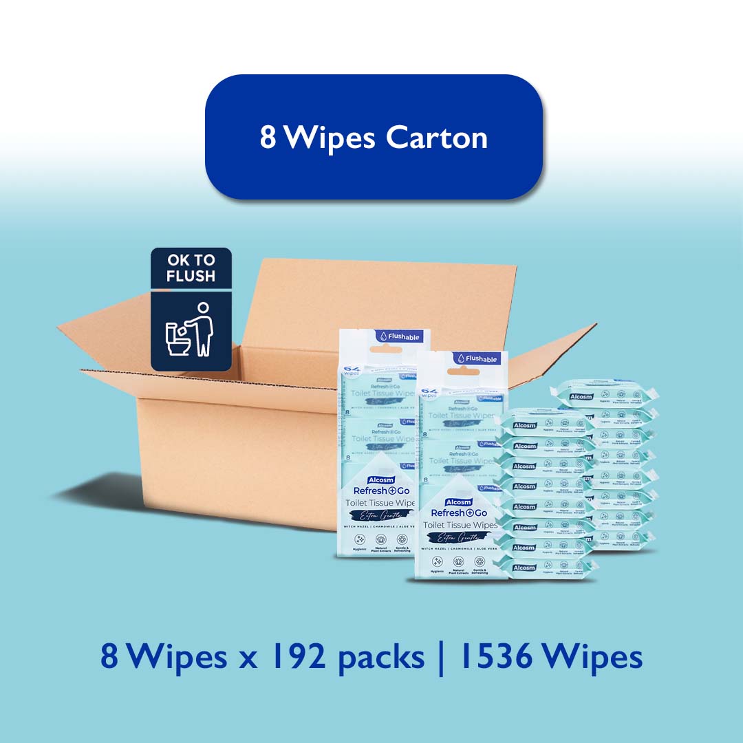 [Carton] Alcean Flushable Toilet Wipes with Natural Plant Extract (8 Wipes x 24 Bundles x 8 Packs)
